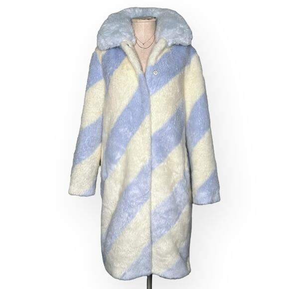 ANTHROPOLOGIE Stripe Faux Fur Coat Jacket Whimsical Gorpcore Glam Blue Ivory - Picture 4 of 15